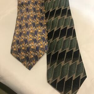 Mens Necktie Lot of 2 Silk Birds & Geometric Pattern Gold & Green